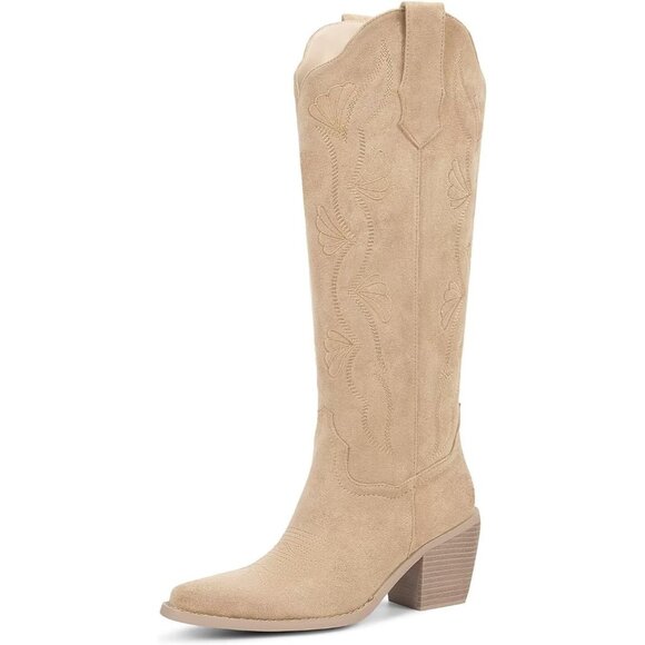 Women's Tan Knee High Cowgirl Tall Boots with Side Zipper Snip Toe Comfortable - Picture 1 of 6